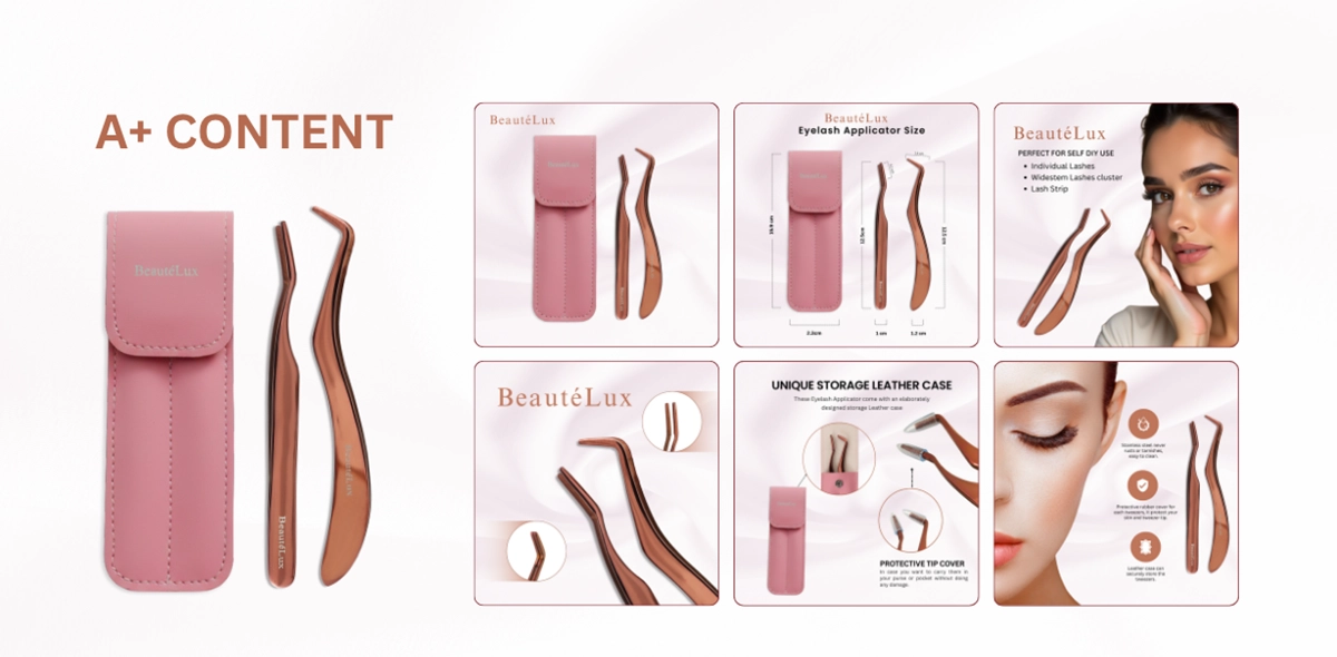 BeauteLux Eyelash Tweezer product graphic design and A+ Content layout for Amazon Enhanced Brand Content listings.